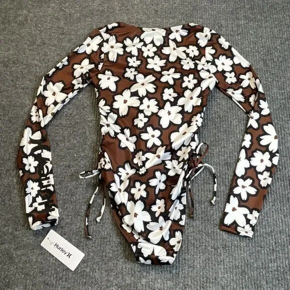 Hurley Women Small Brown Floral Long Sleeve One Piece Swimsuit Surf Rash Guard - Picture 8 of 10